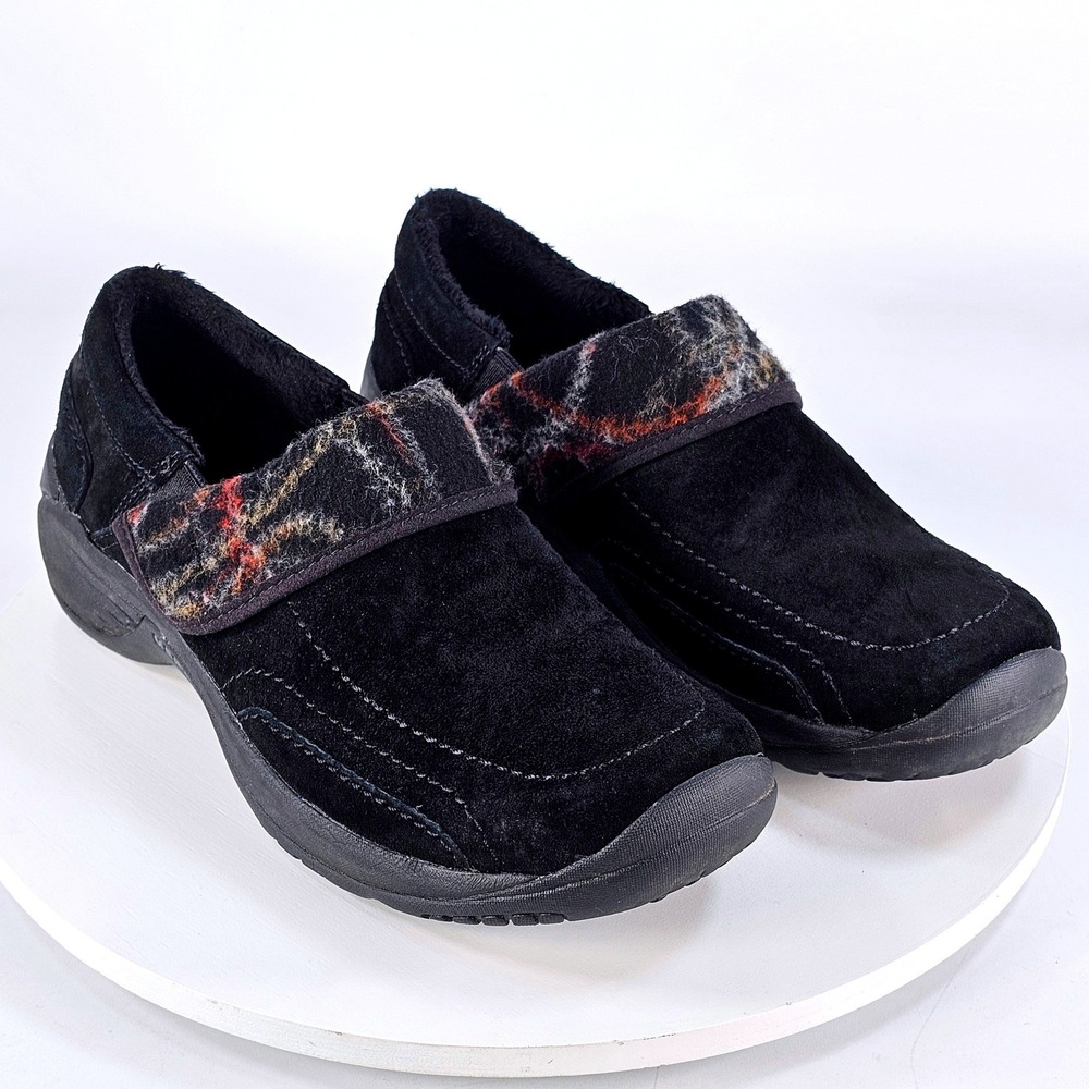 Merrell Encore Spritz Black Suede Clogs Wool Trim Slip On Shoes Womens 7.5